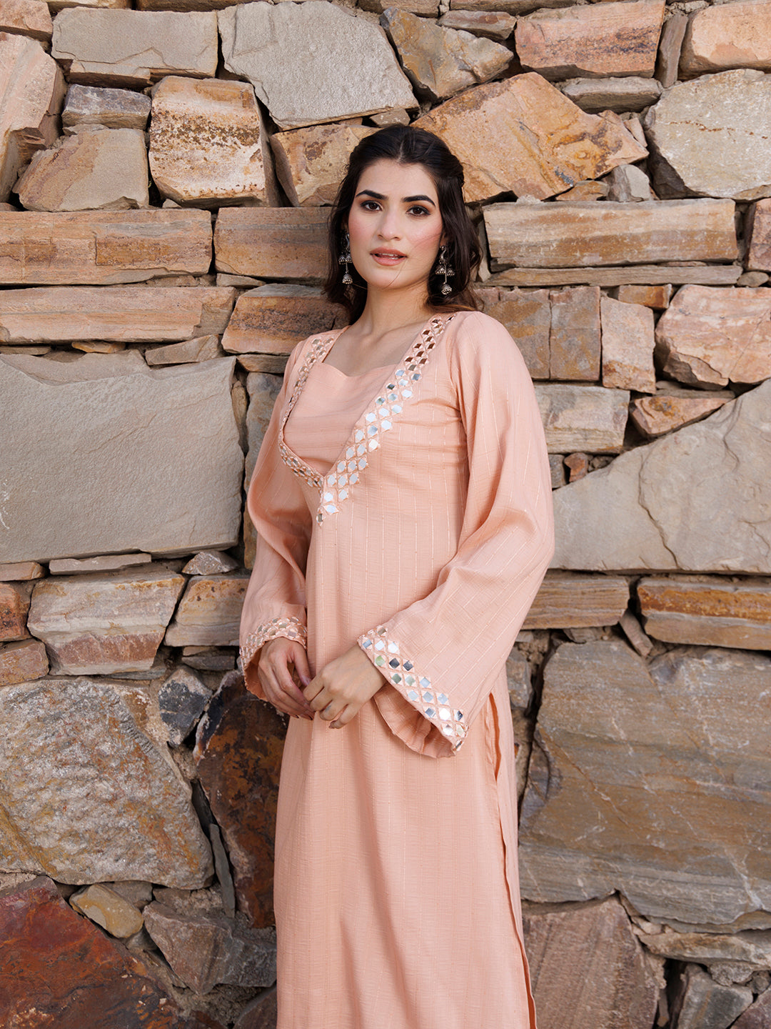 Peachy Keen Mirror Work Kurta Set - By Ragavi - qivii