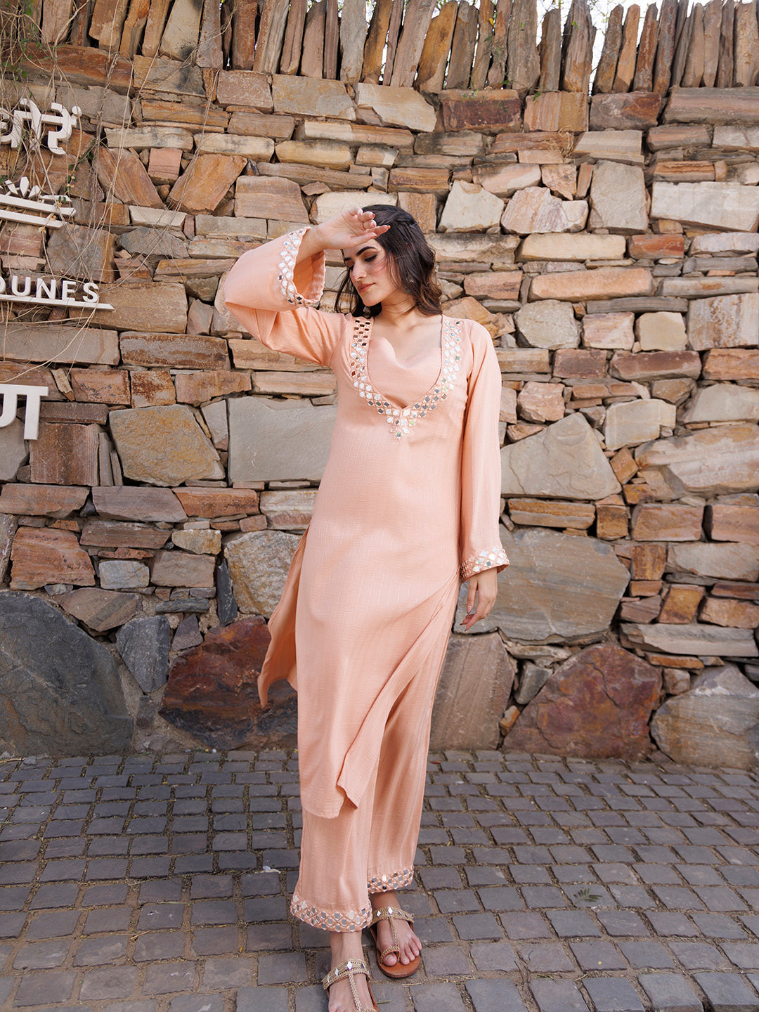 Peachy Keen Mirror Work Kurta Set - By Ragavi - qivii