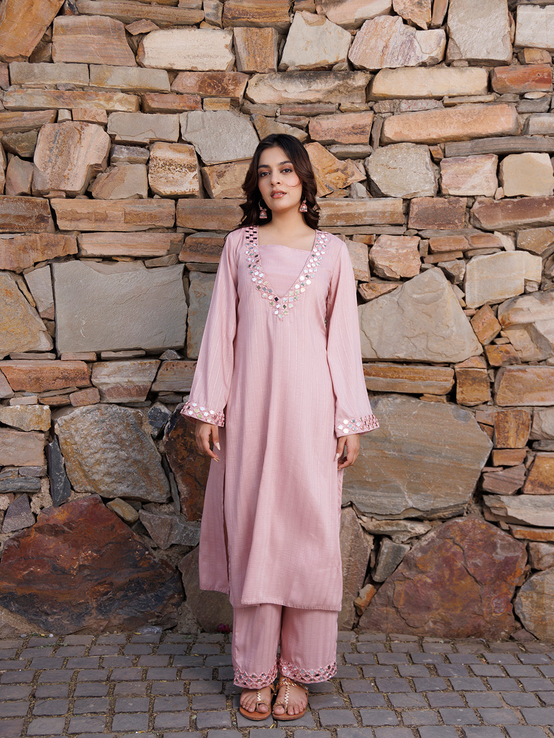Soft Pink Mirror Work Kurta Set - By Ragavi - qivii