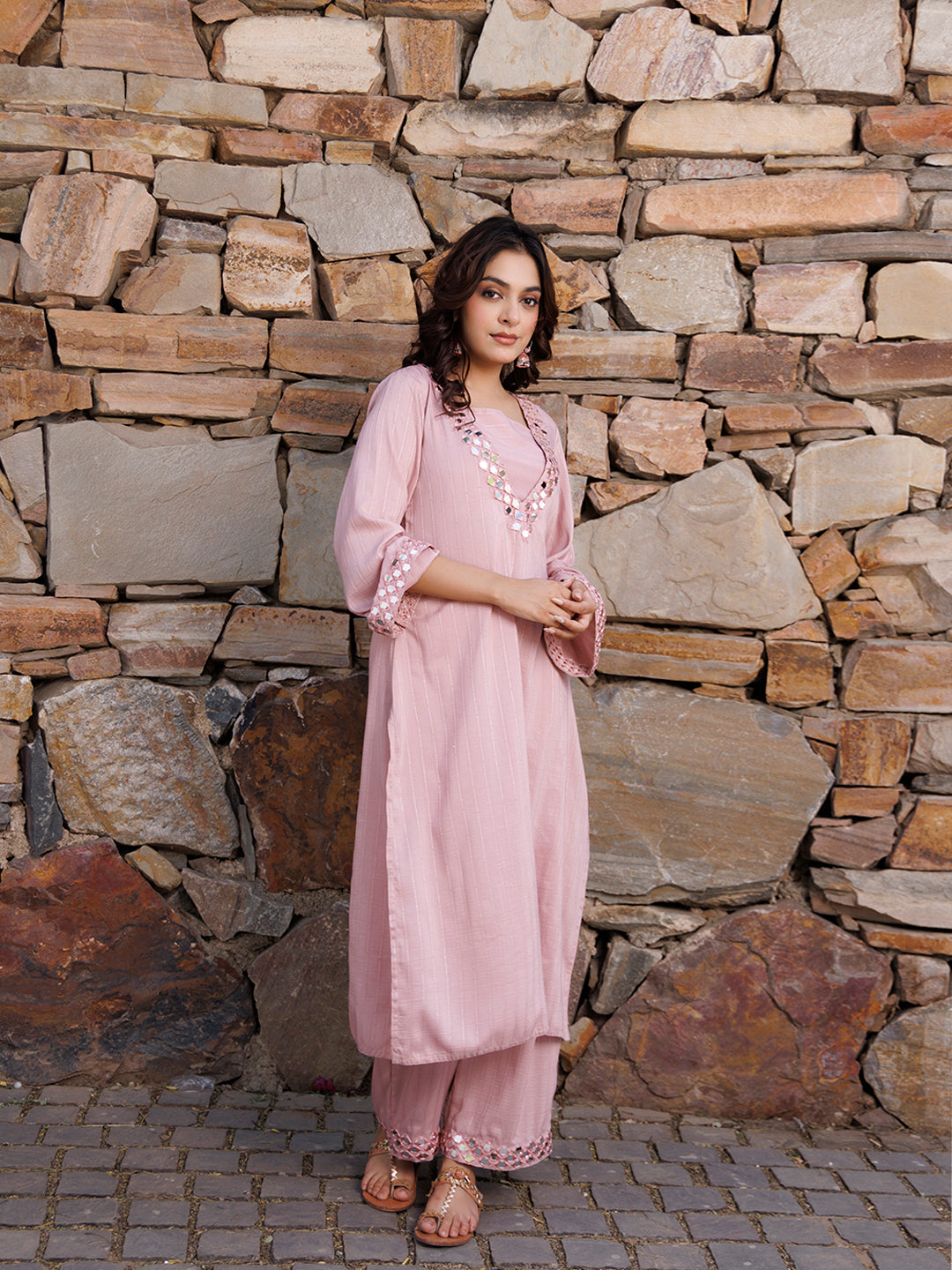 Soft Pink Mirror Work Kurta Set - By Ragavi - qivii