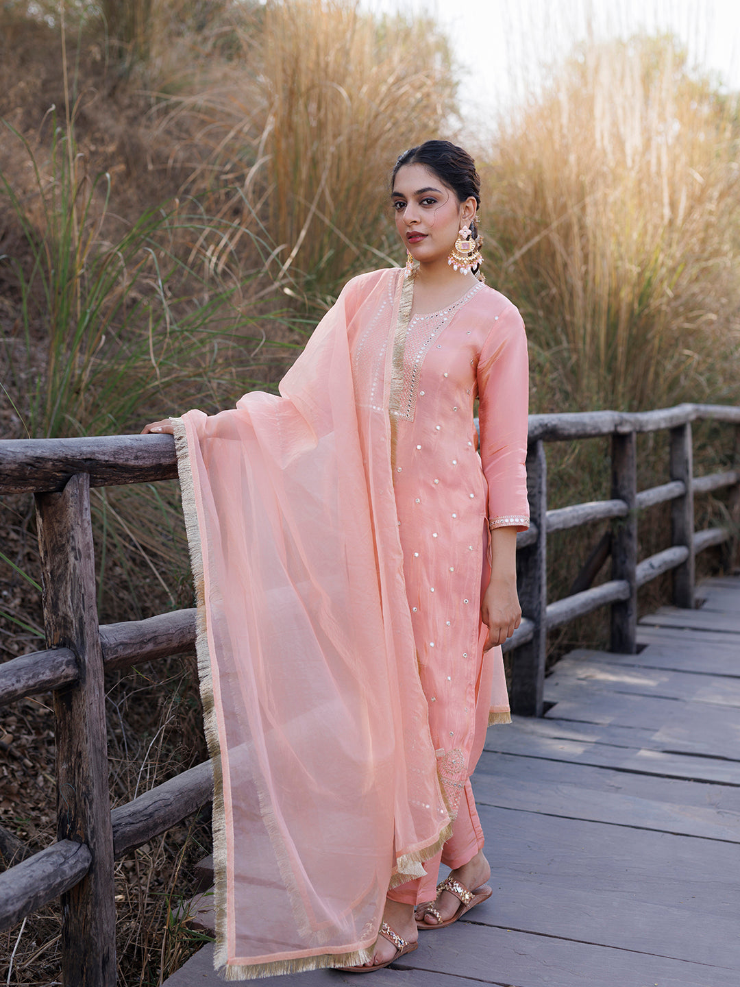 Peach Nectar Embroidered Silk Suit Set
