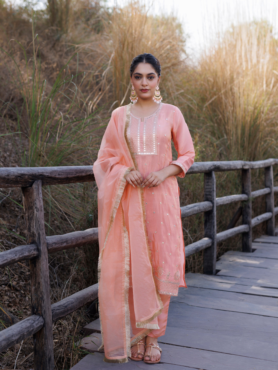 Peach Nectar Embroidered Silk Suit Set