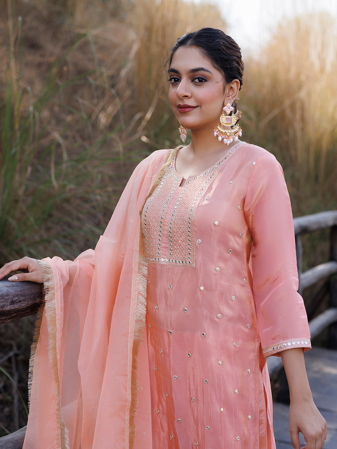 Peach Nectar Embroidered Silk Suit Set