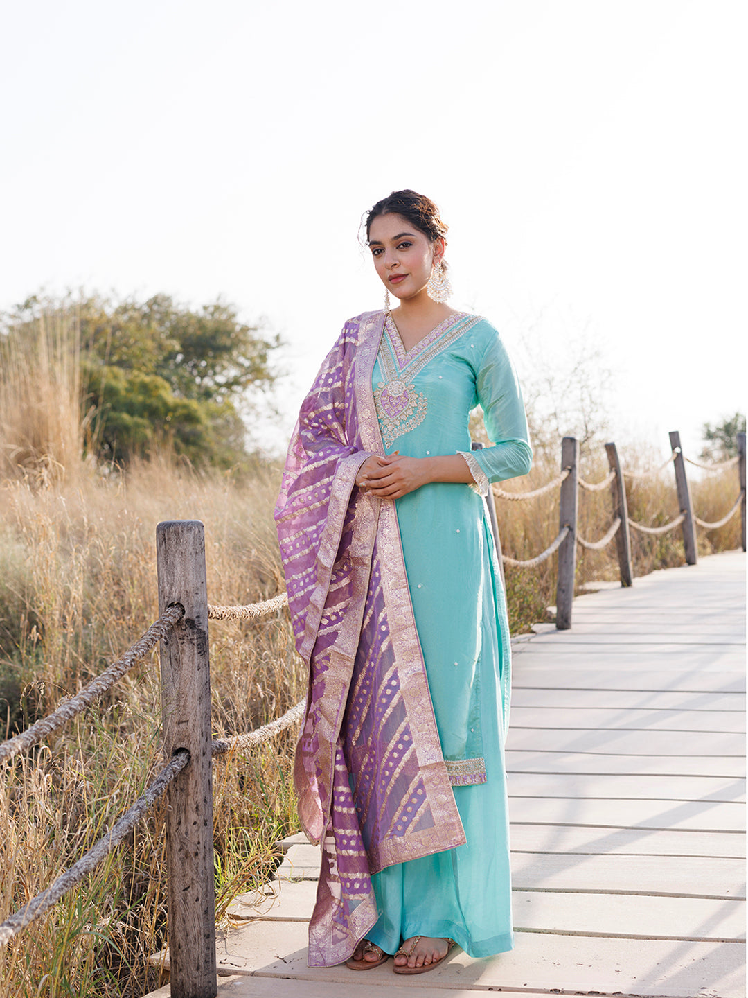 Opal Blue Tissue Shimmer Suit Set - By Ragavi - qivii