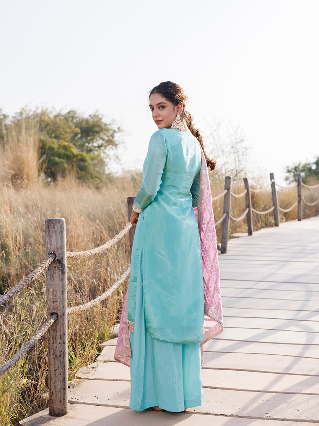 Opal Blue Tissue Shimmer Suit Set - By Ragavi - qivii