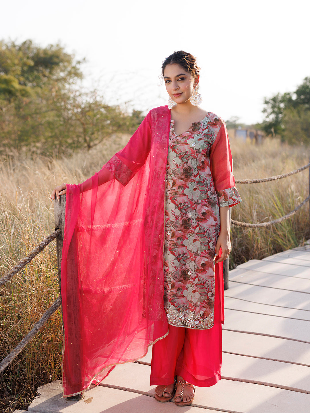 Cosmos Pink Floral Chiffon Suit Set - By Ragavi - qivii