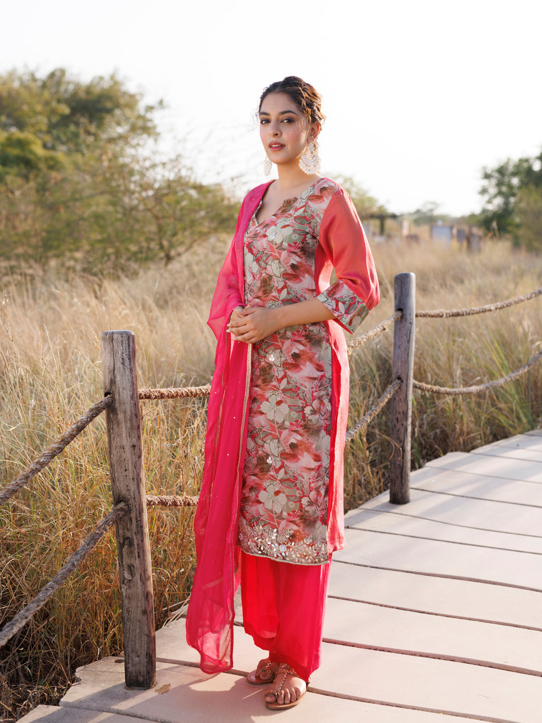 Cosmos Pink Floral Chiffon Suit Set - By Ragavi - qivii