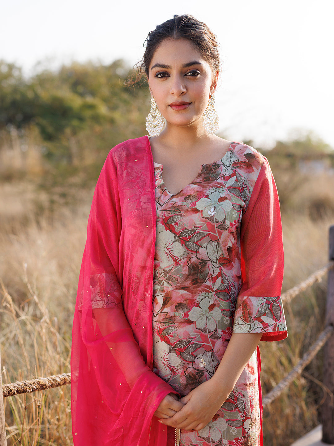 Cosmos Pink Floral Chiffon Suit Set - By Ragavi - qivii