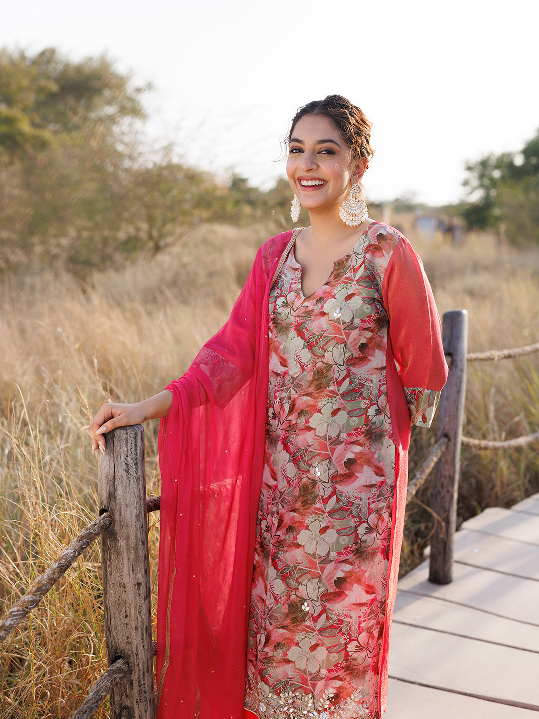 Cosmos Pink Floral Chiffon Suit Set - By Ragavi - qivii