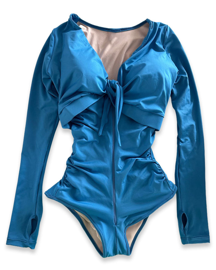 Shapshe® Blue Long Sleeve Built In Shapewear Tummy Cotrol Girdle Swimsuit - By Qivii