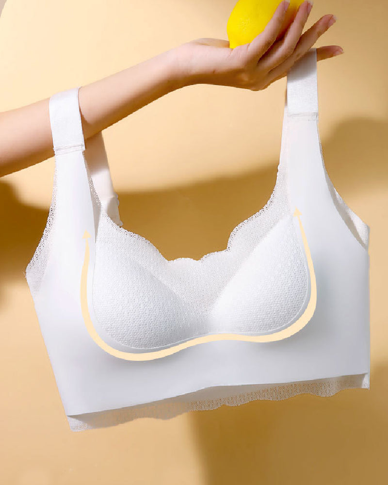 Seamless Fixed Full Cup Bra Ultra-thin Sexy Lace Push Up Wave Trim Bralette - By Qivii