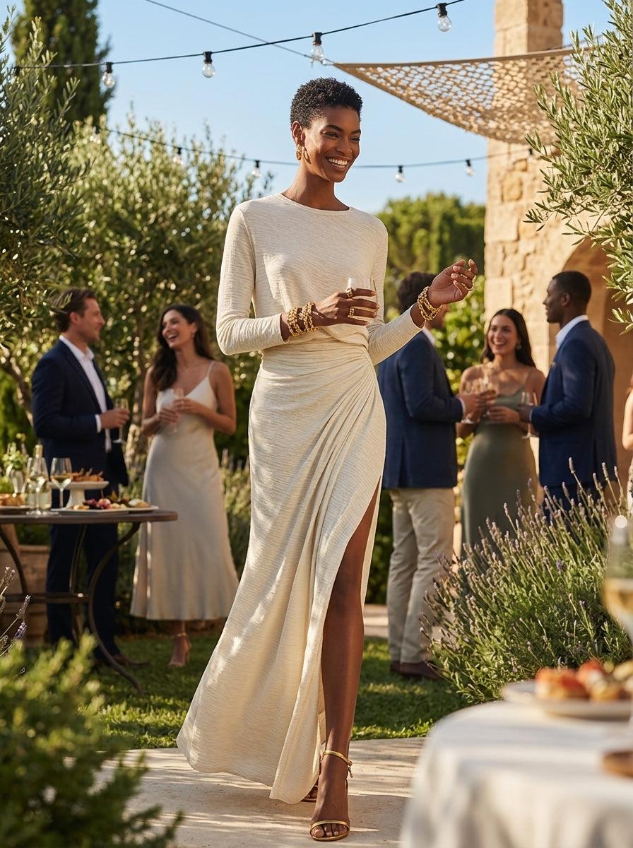 Women's Beige Cotton-Blend Crew-Neck Ruched Slit Maxi Dress MDZ2273G6ZRK