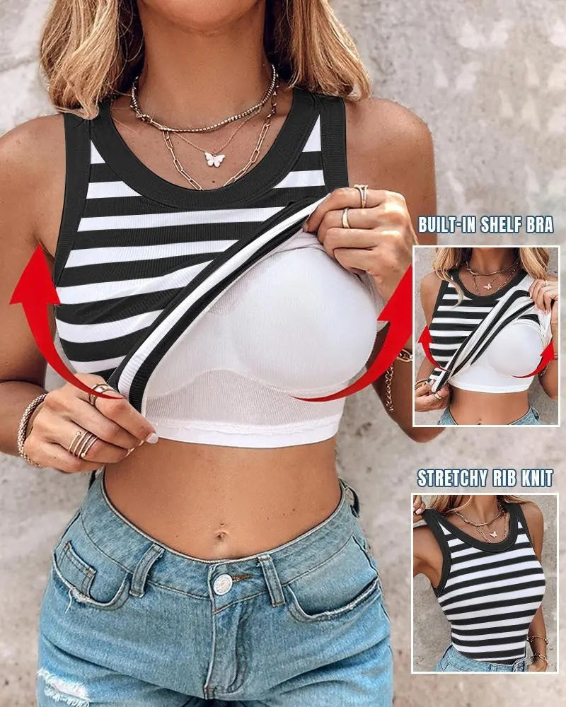 Round Neck Ribbed Tank Top Built In with Bra Padded - By Qivii