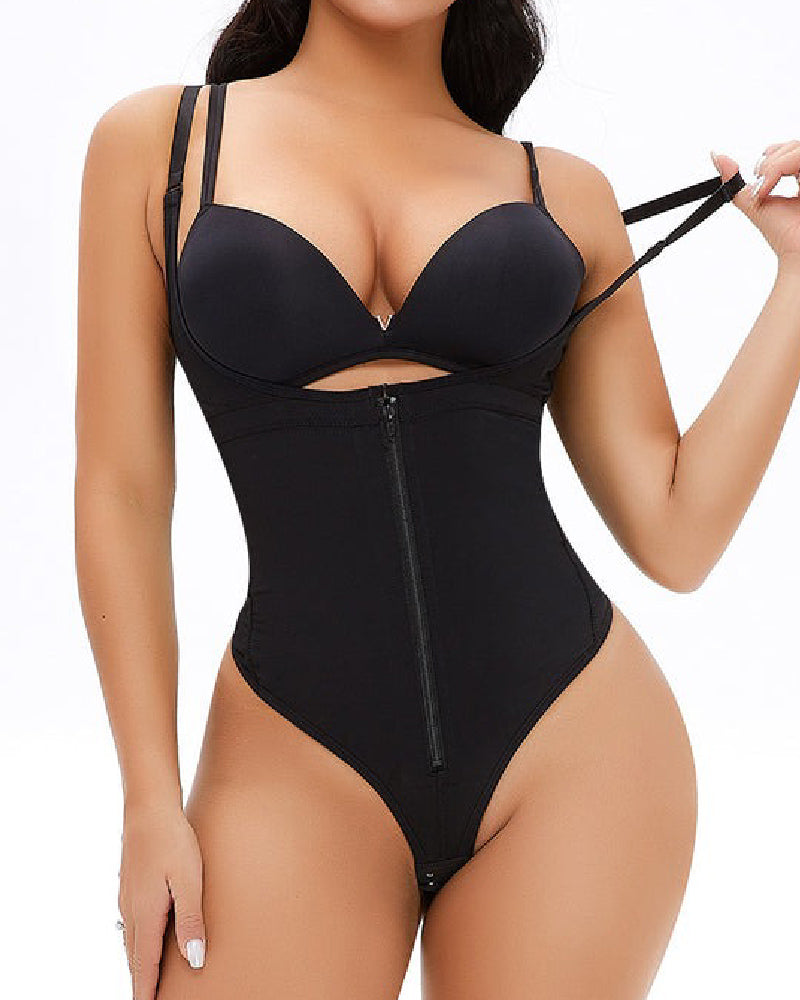 Women's Sexy Tummy Control Open Bust Body Shaper Zipper Plus Size Thong Shapewear - By Qivii
