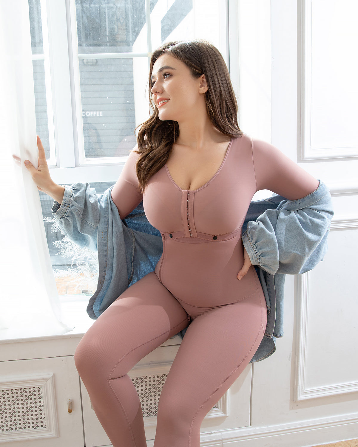 Shapshe® Rosybrown Long Sleeves Full Bust Slimming Firm Full Body Shaper Shapewear