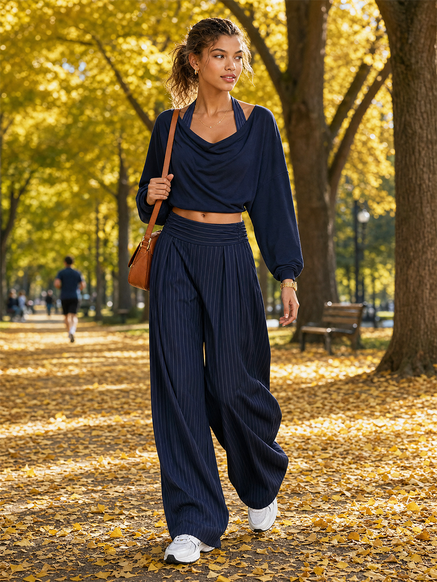 Women's Cowl Neck Crop Top Pinstripe Wide Leg Pants Set MDZ0191I9LYL