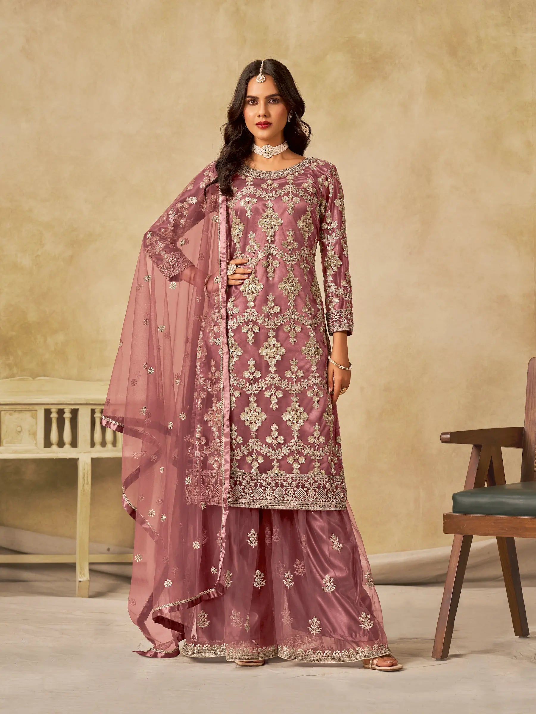 Brownish Pink Net Palazzo Suit With Sequins Embroidery - qivii
