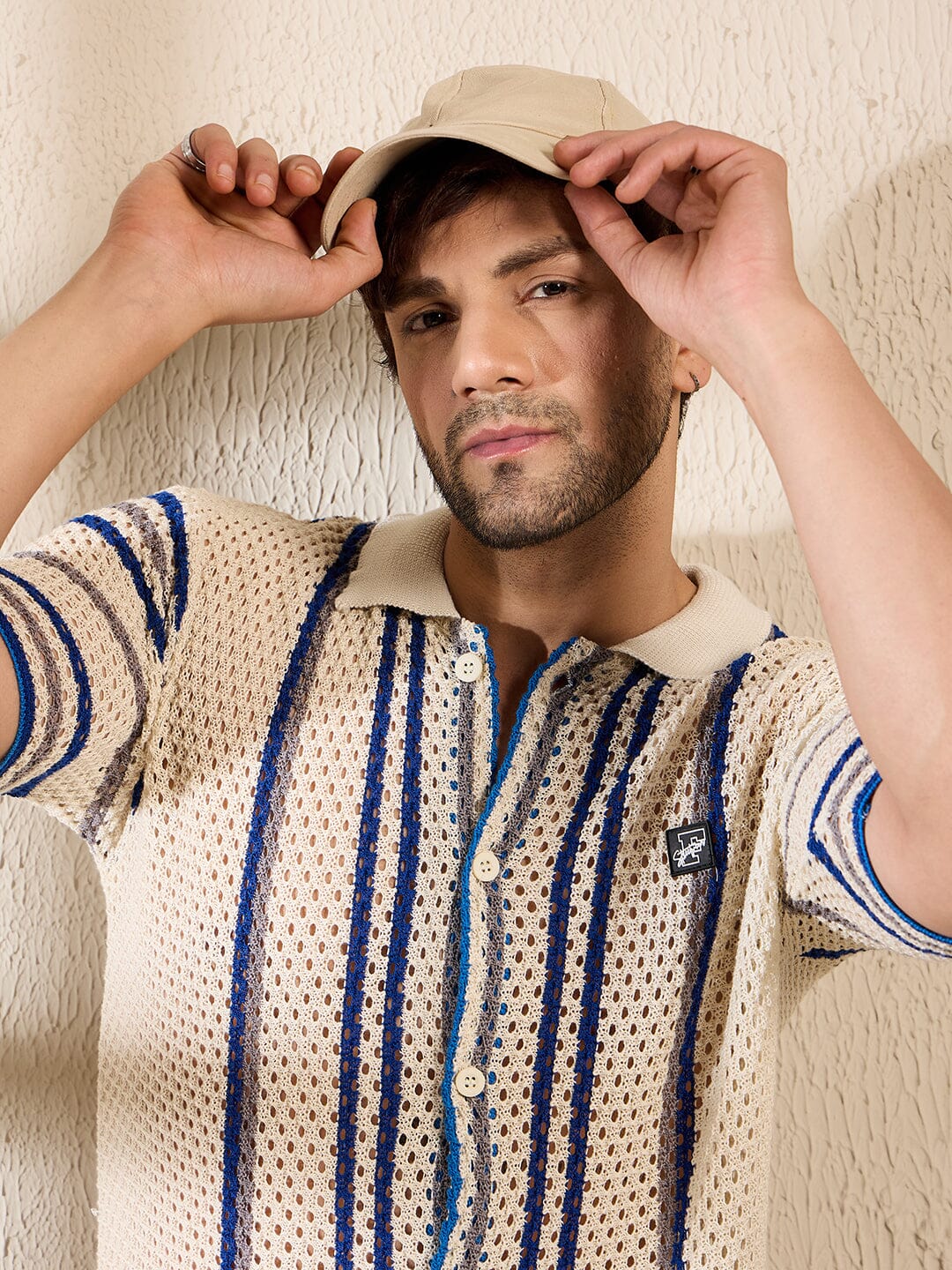 Off White Navy Striped Crochet Knitted Shirt - qivii