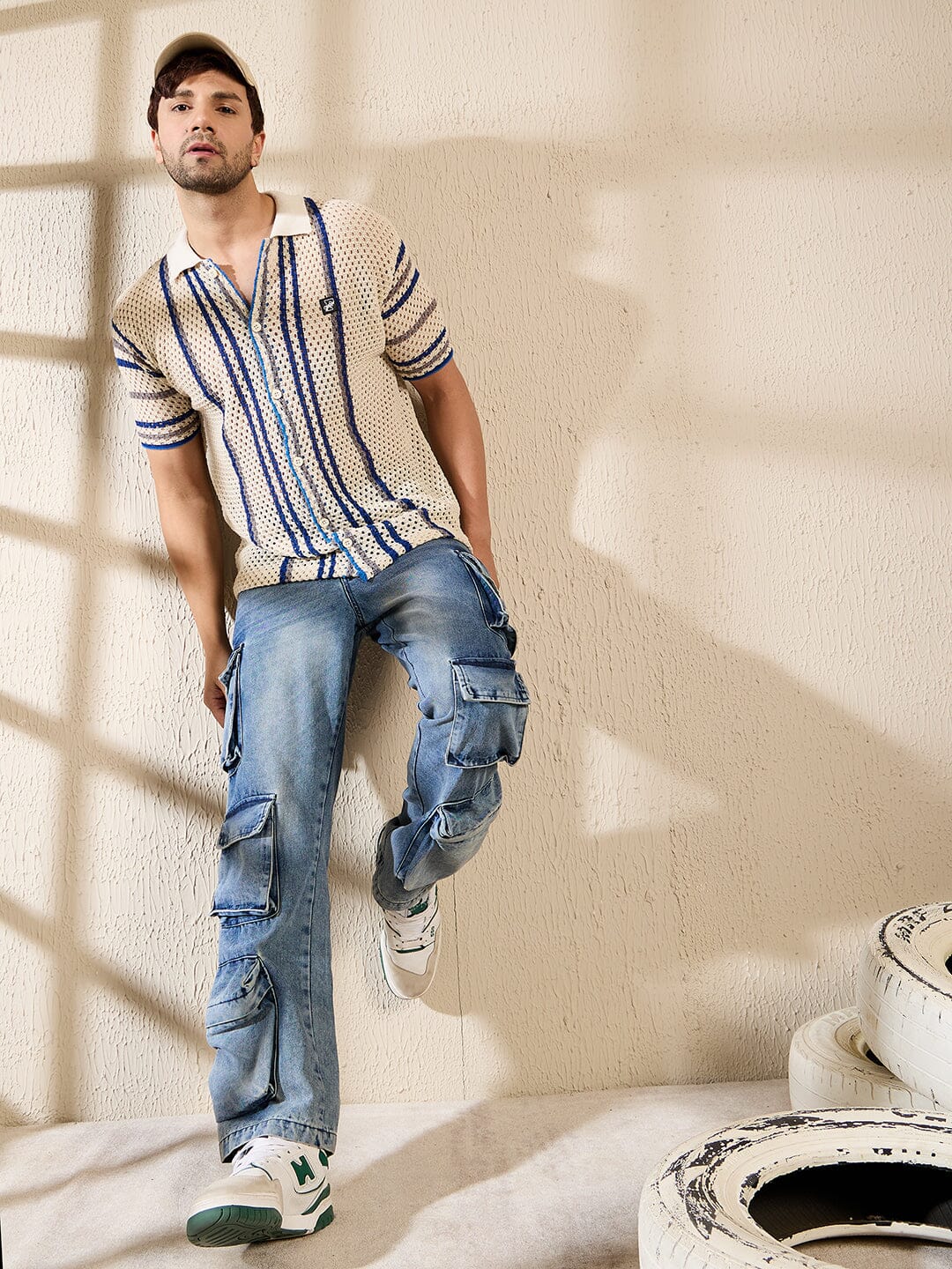 Off White Navy Striped Crochet Knitted Shirt - qivii