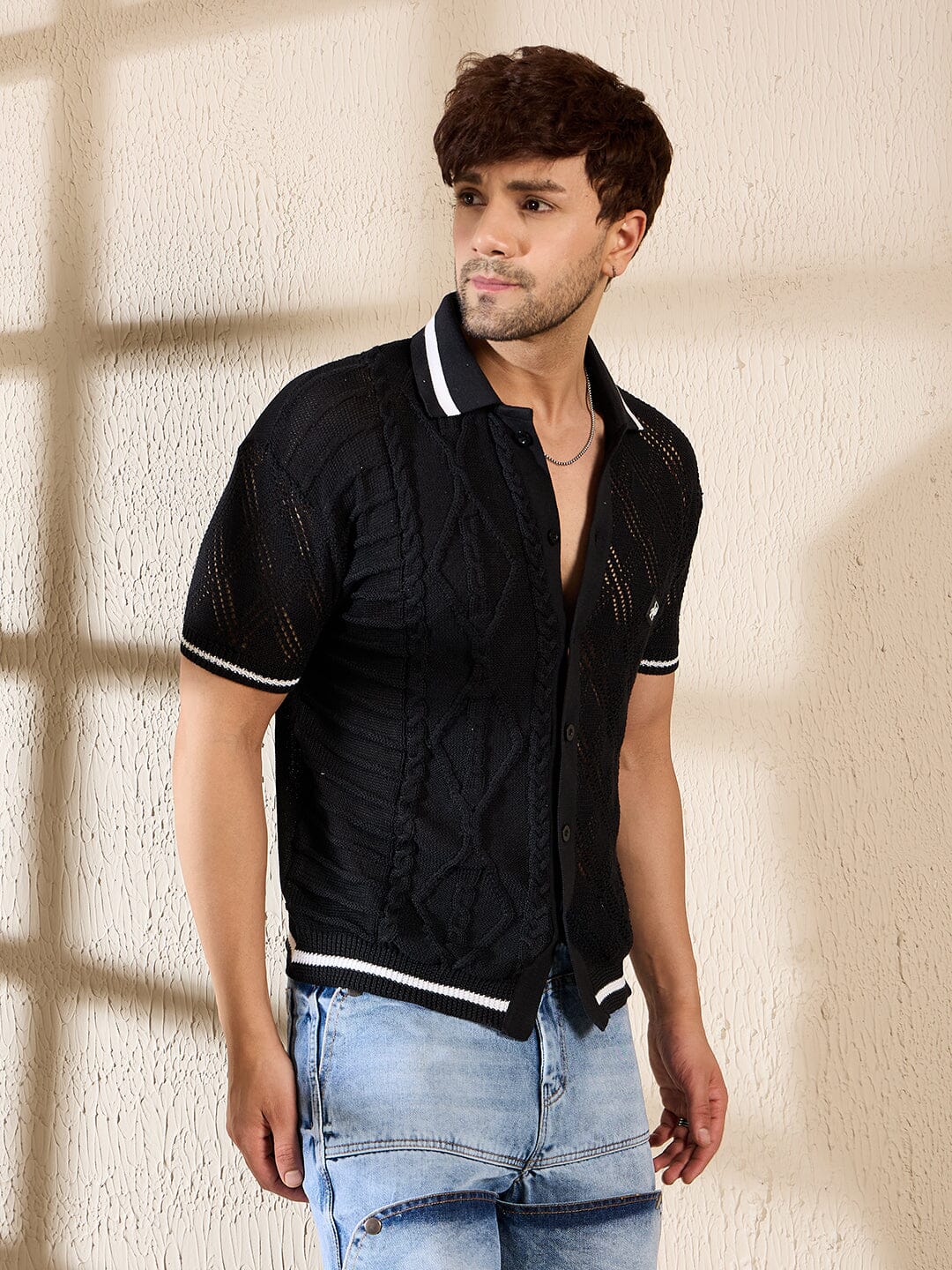 Black Cable Knit Crochet Shirt