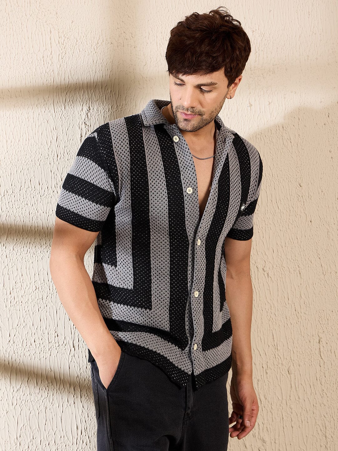 Grey & Black Striped Crotchet Knitted Shirt - qivii