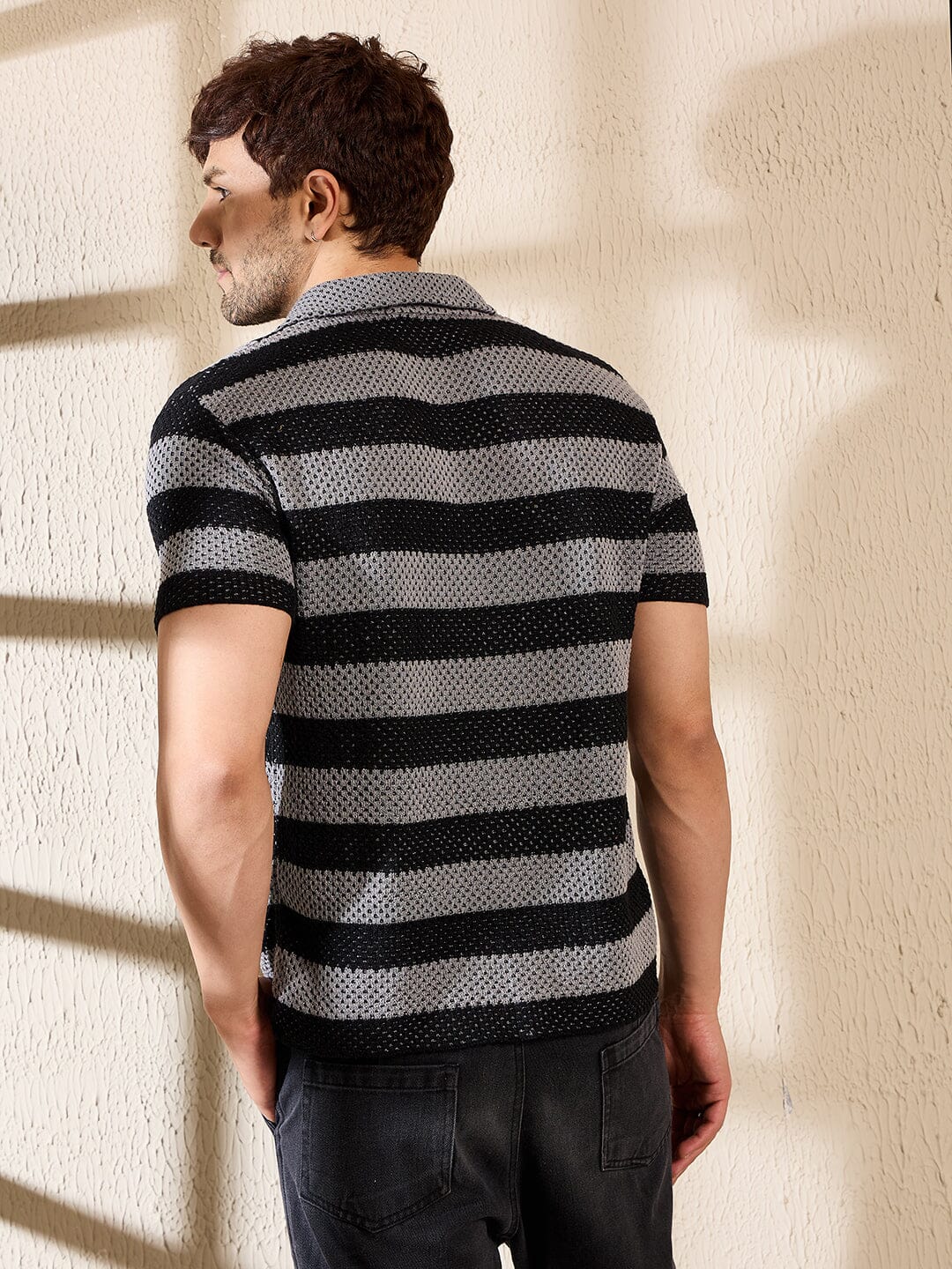 Grey & Black Striped Crotchet Knitted Shirt - qivii