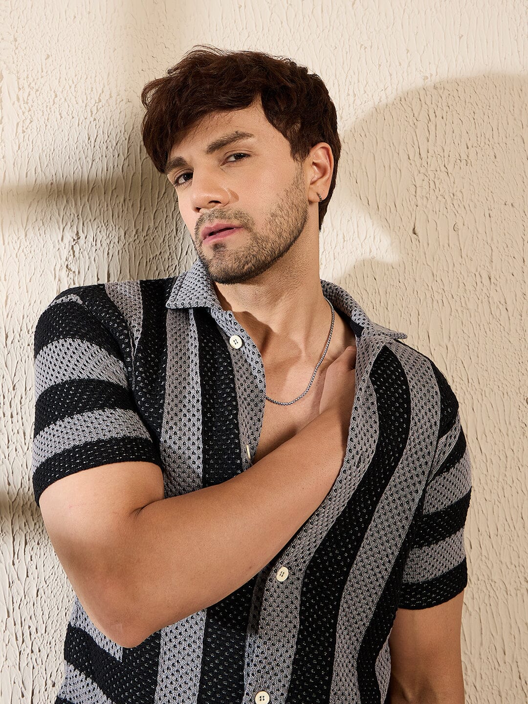 Grey & Black Striped Crotchet Knitted Shirt