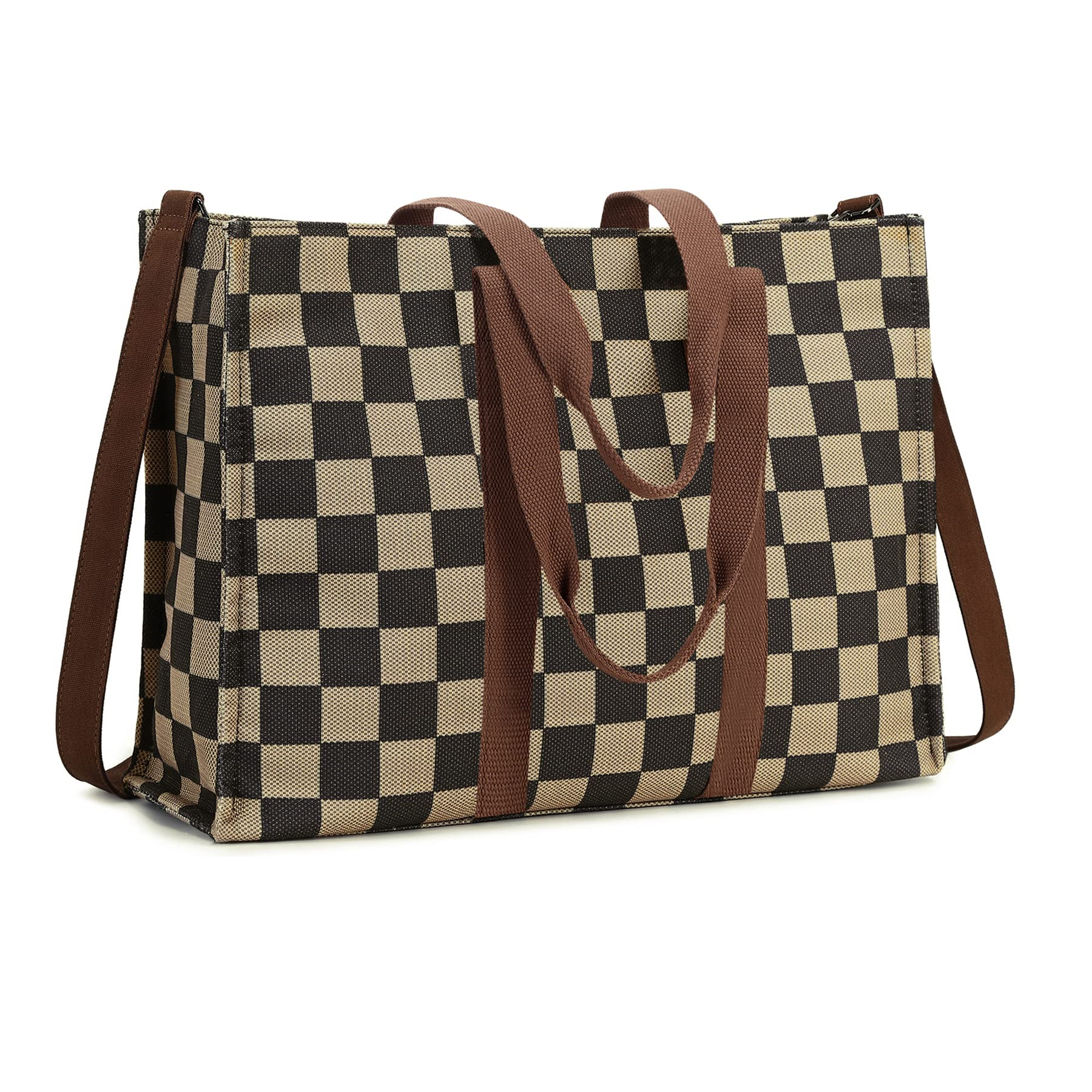 Ounamei Checkered Canvas Work Tote | Zippered Laptop Shoulder & Crossbody Bag (15.6–16”)