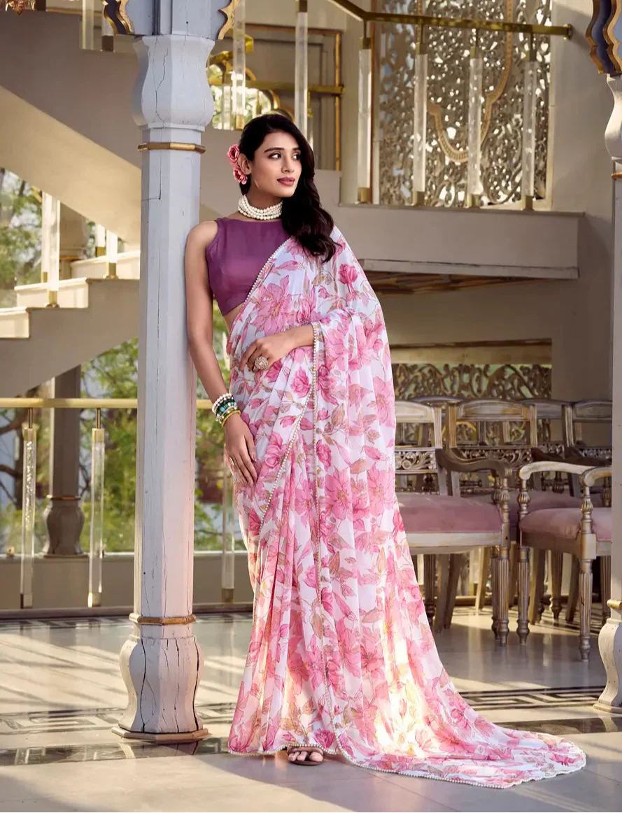Light Pink Weightless Marbal Saree With Floral Print & Pearl Lace Border - qivii
