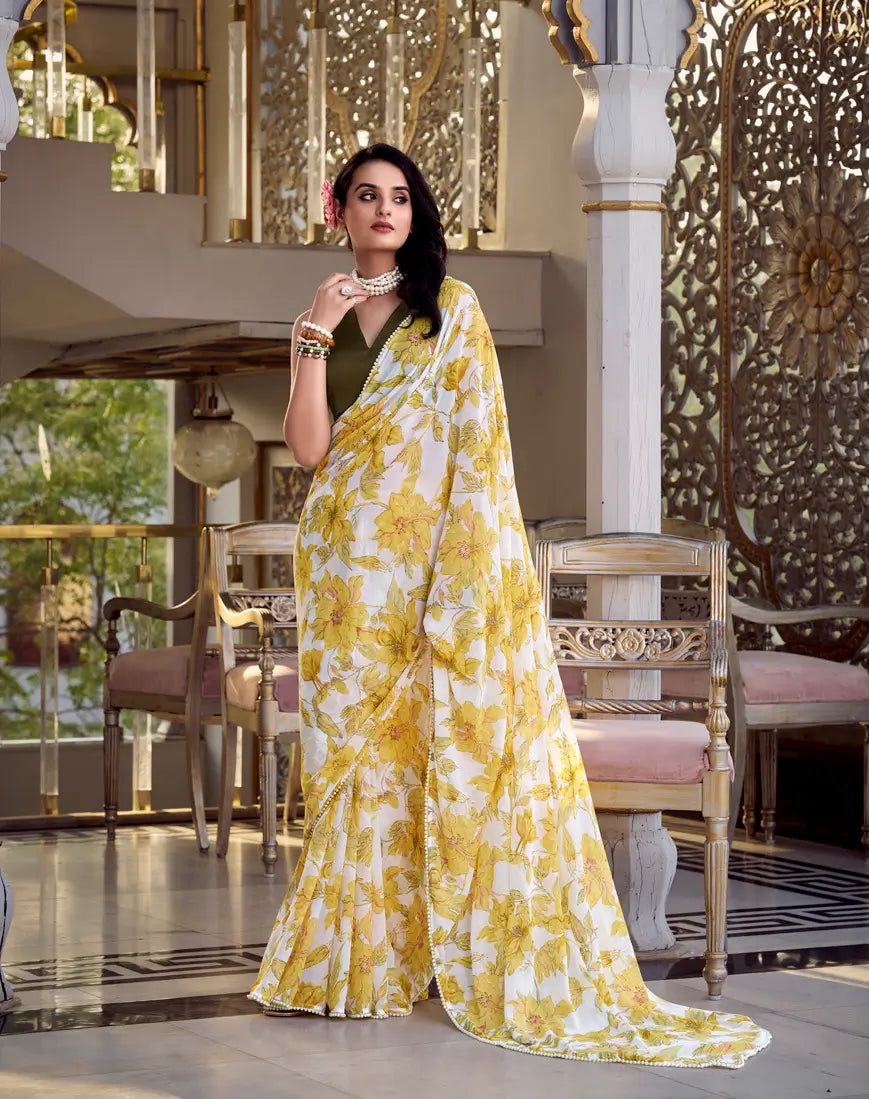 Yellow Weightless Marbal Saree With Floral Print & Pearl Lace Border - qivii