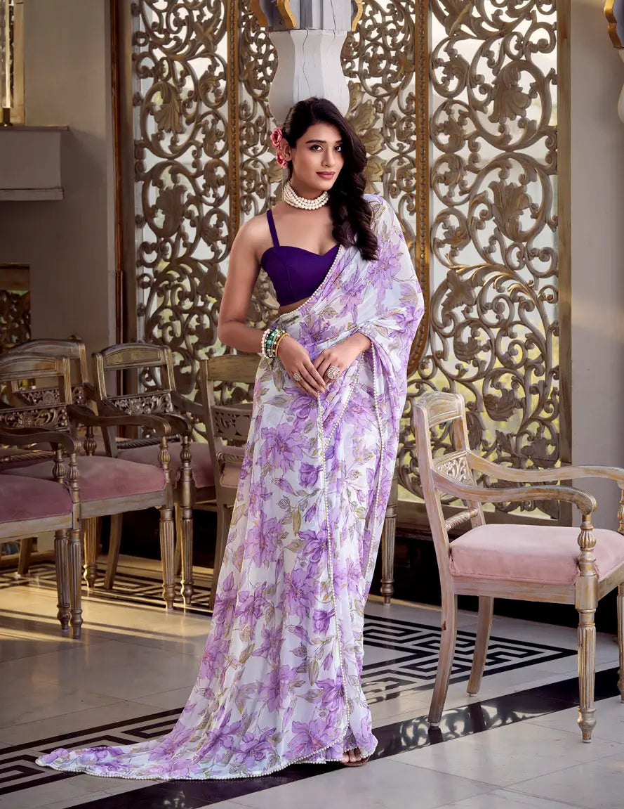 Lavender Weightless Marbal Saree With Floral Print & Pearl Lace Border - qivii