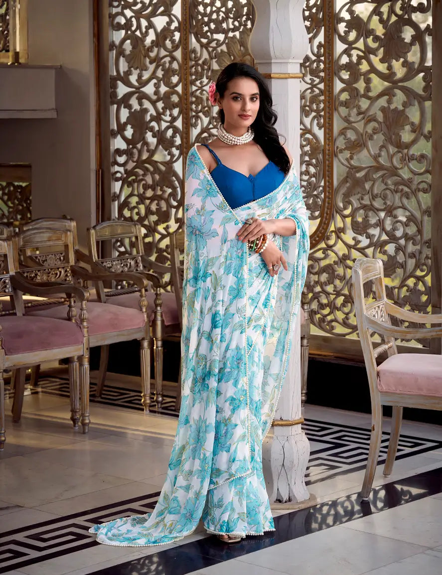 Sea Blue Weightless Marbal Saree With Floral Print & Pearl Lace Border - qivii