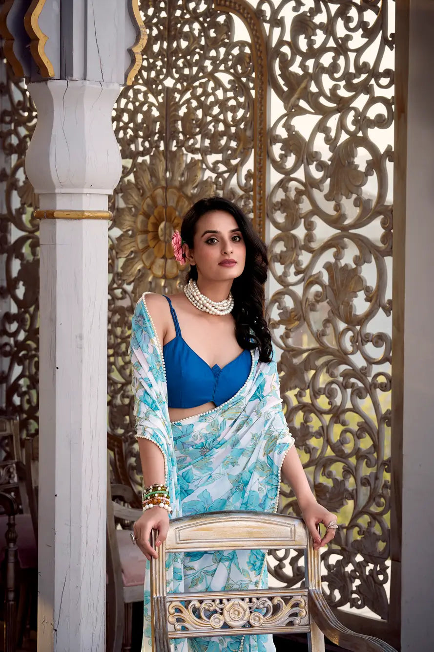 Sea Blue Weightless Marbal Saree With Floral Print & Pearl Lace Border - qivii