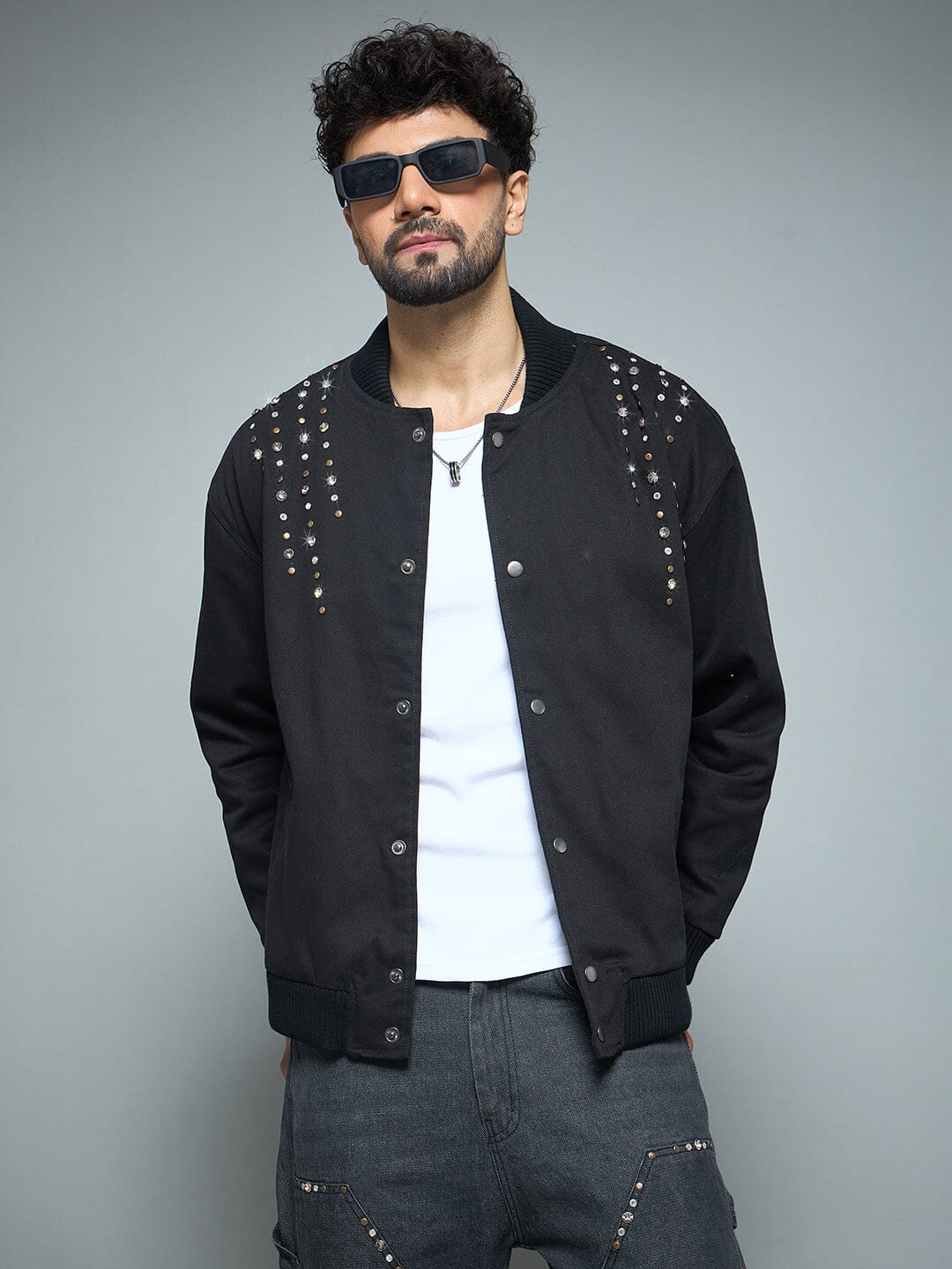 Black Twill Studded Bomber Jacket