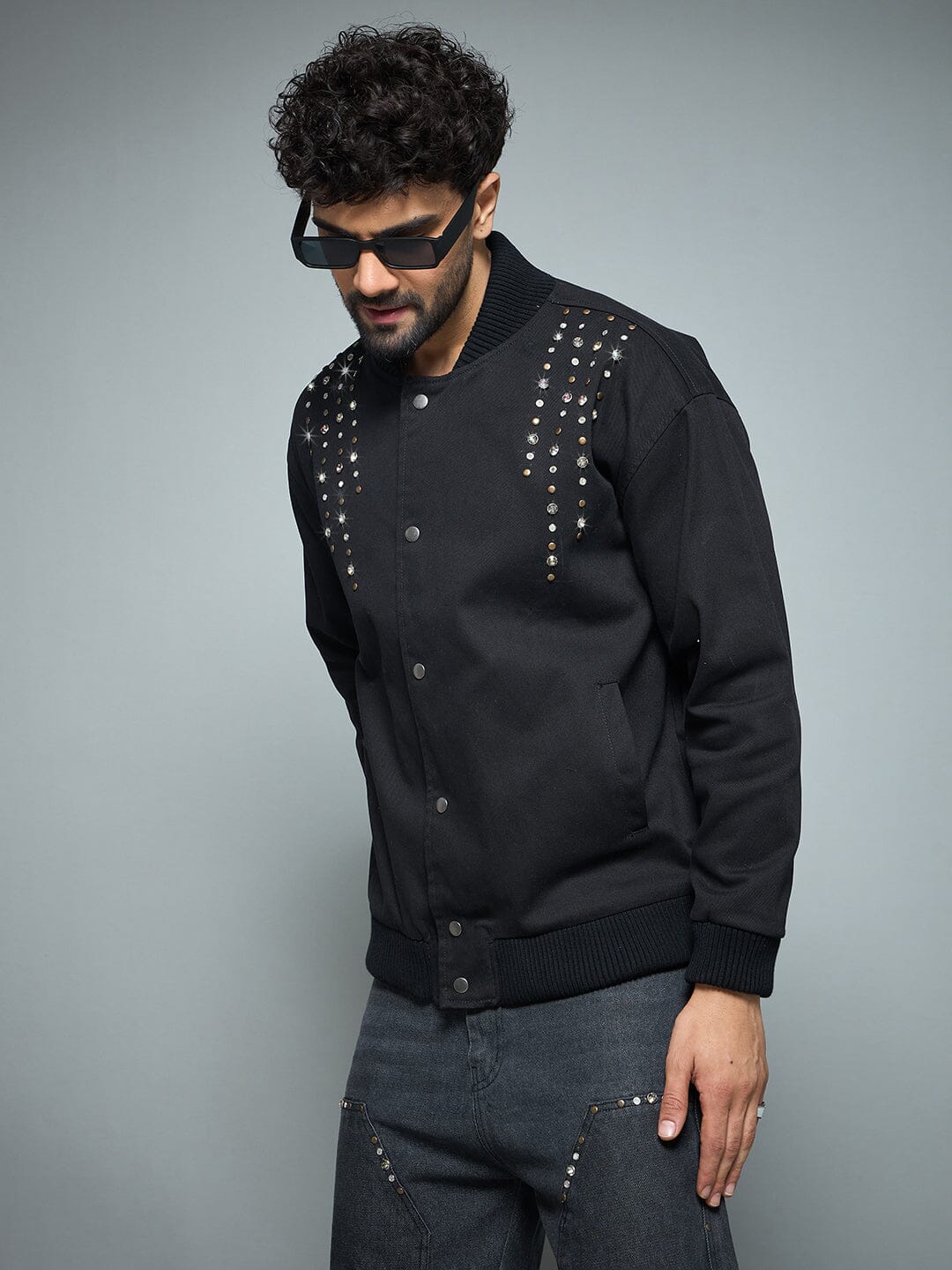 Black Twill Studded Bomber Jacket
