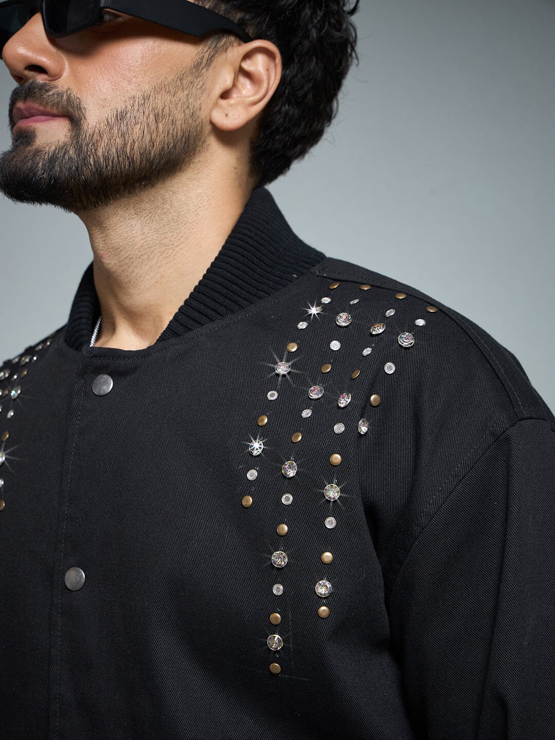 Black Twill Studded Bomber Jacket