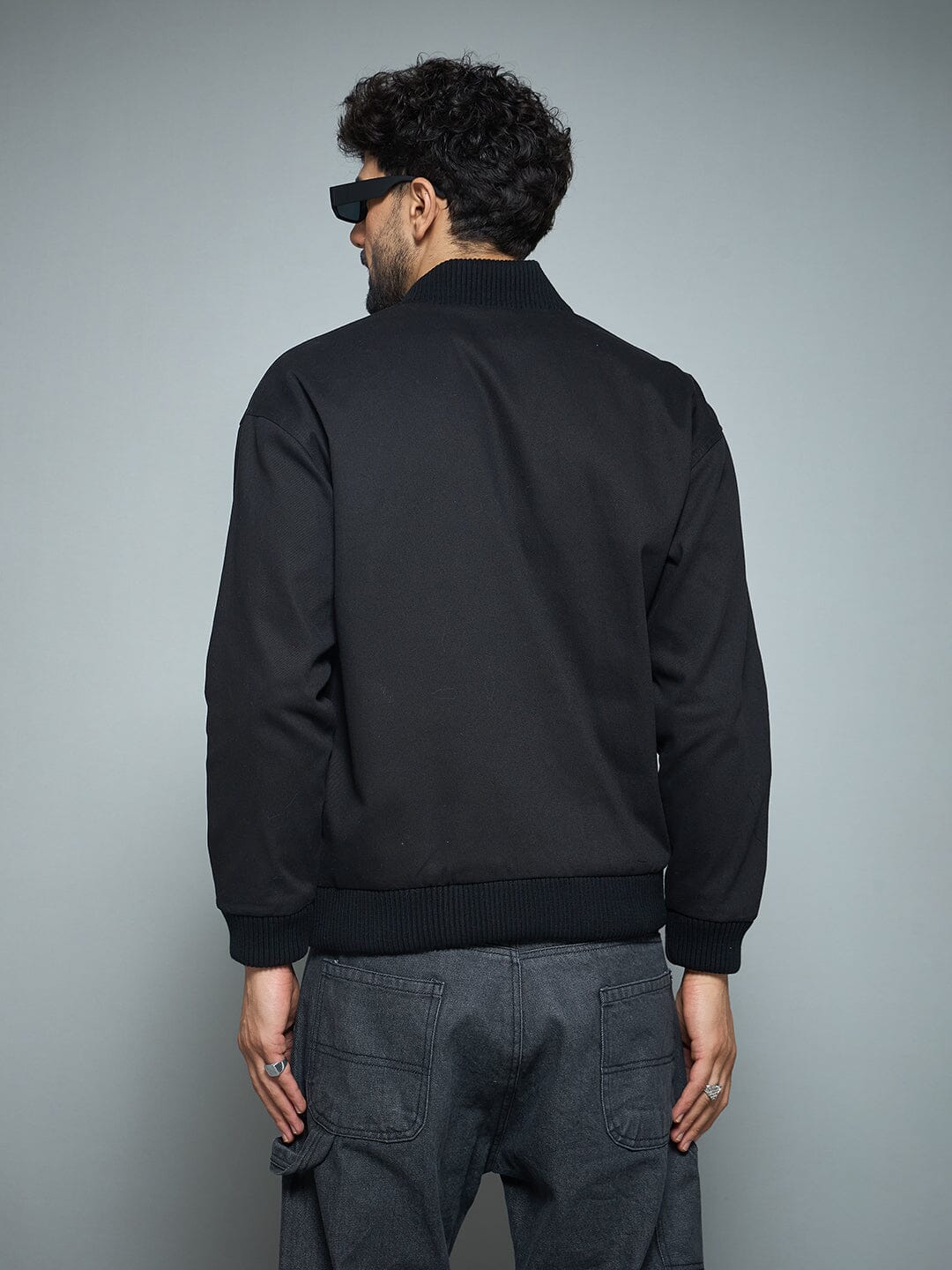 Black Twill Studded Bomber Jacket