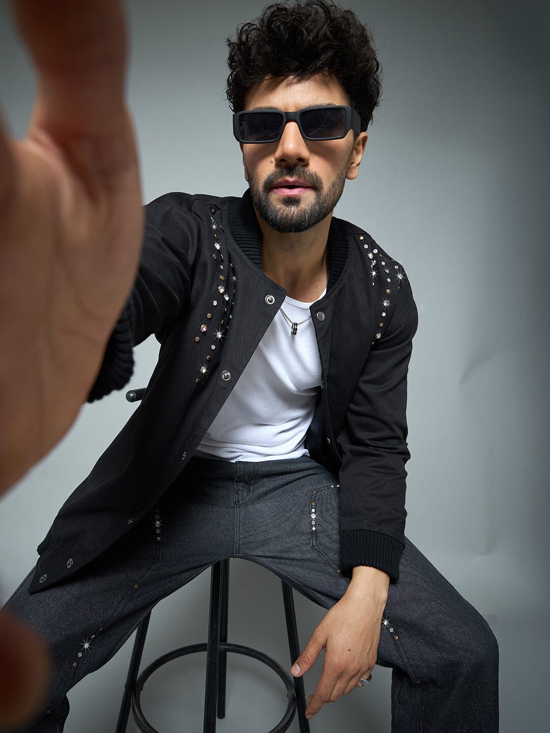 Black Twill Studded Bomber Jacket