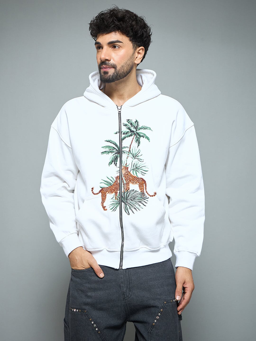 White Tropical Tiger Embroidery Hoodie