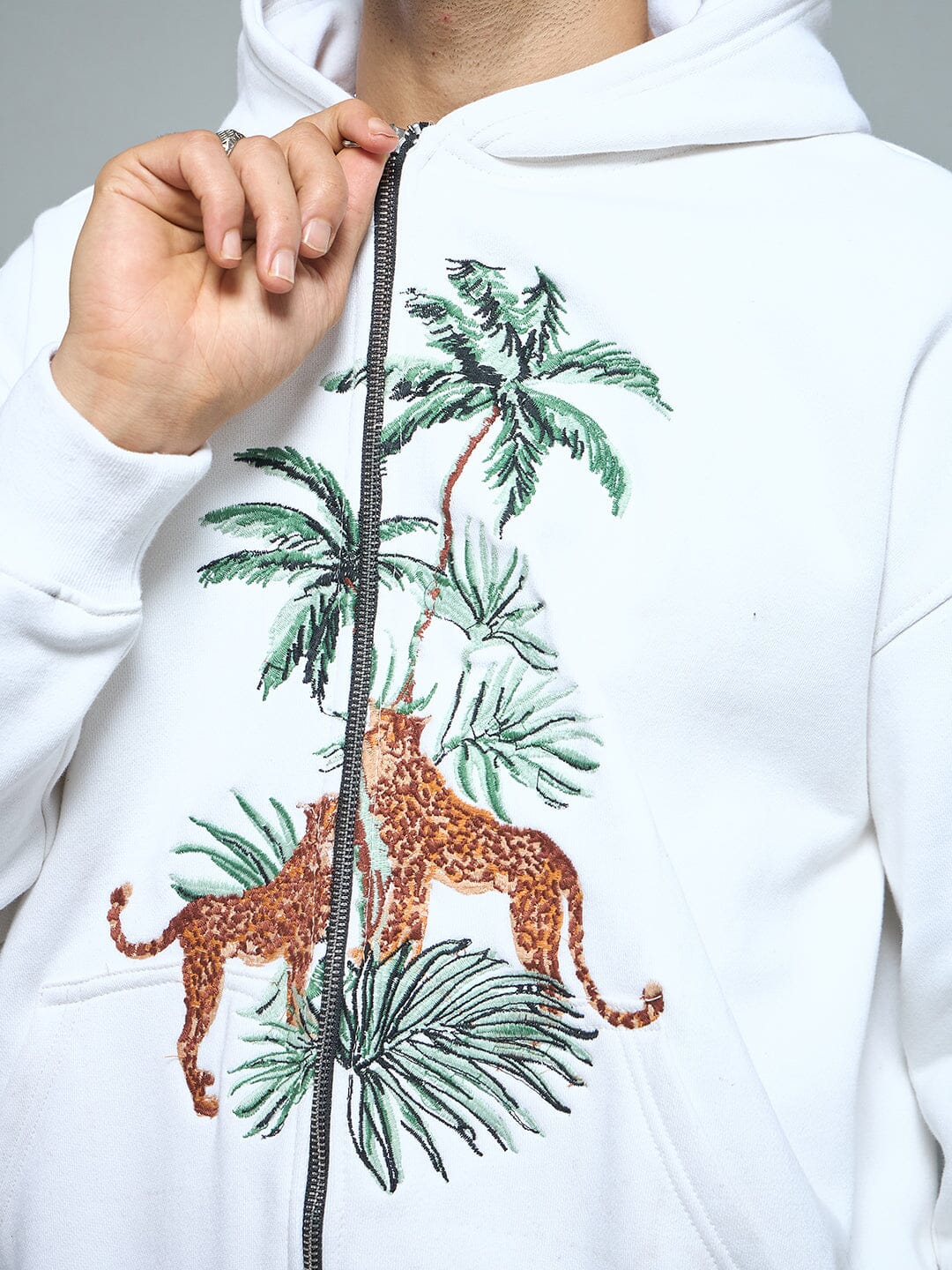 White Tropical Tiger Embroidery Hoodie