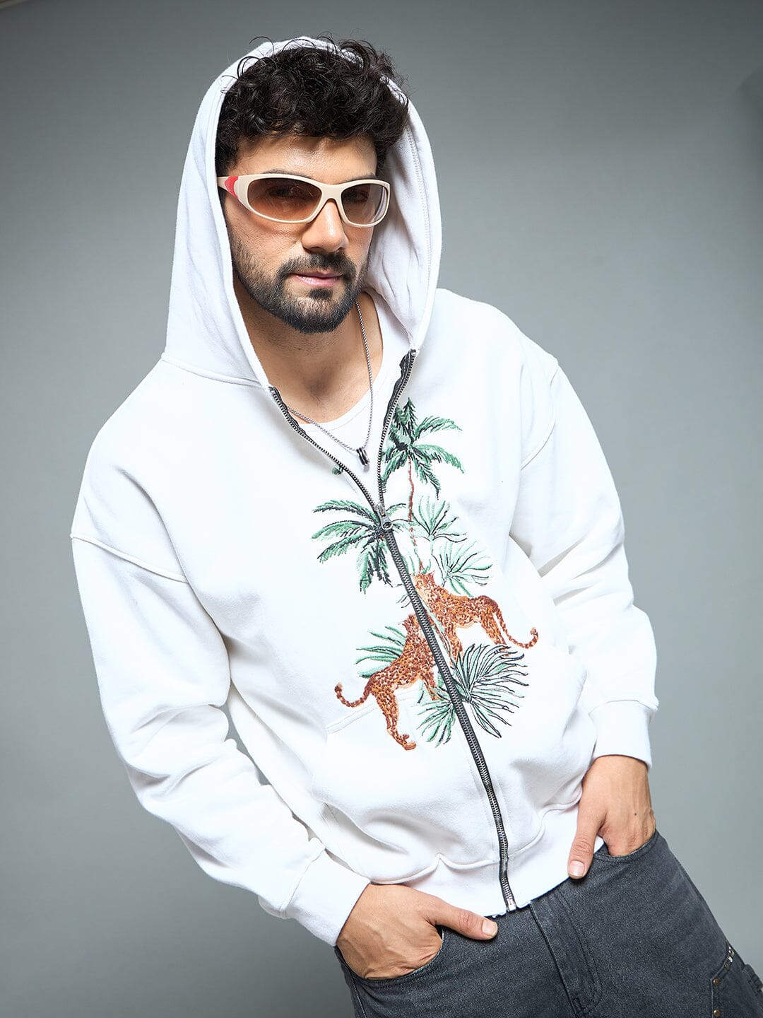 White Tropical Tiger Embroidery Hoodie