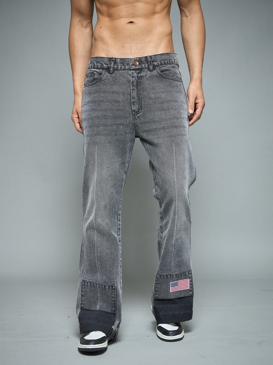 Grey Flared Raw Edge Denim