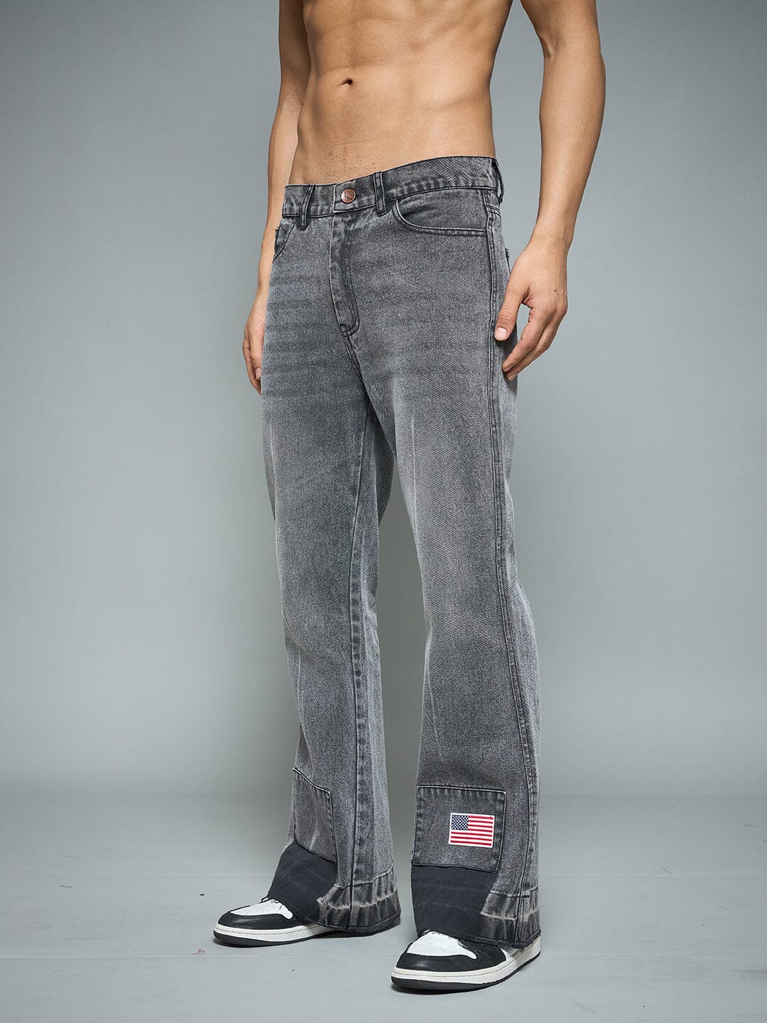 Grey Flared Raw Edge Denim