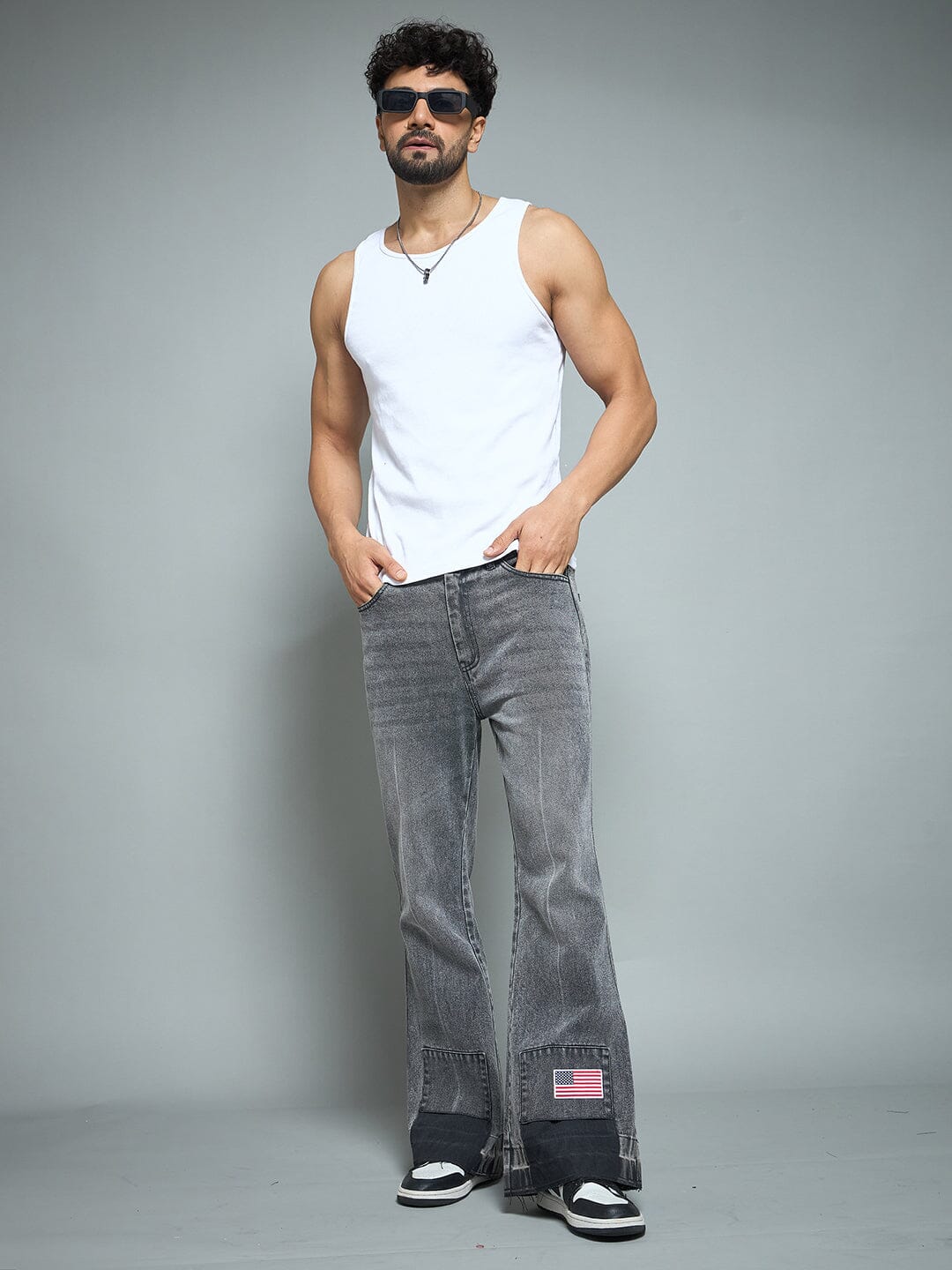 Grey Flared Raw Edge Denim