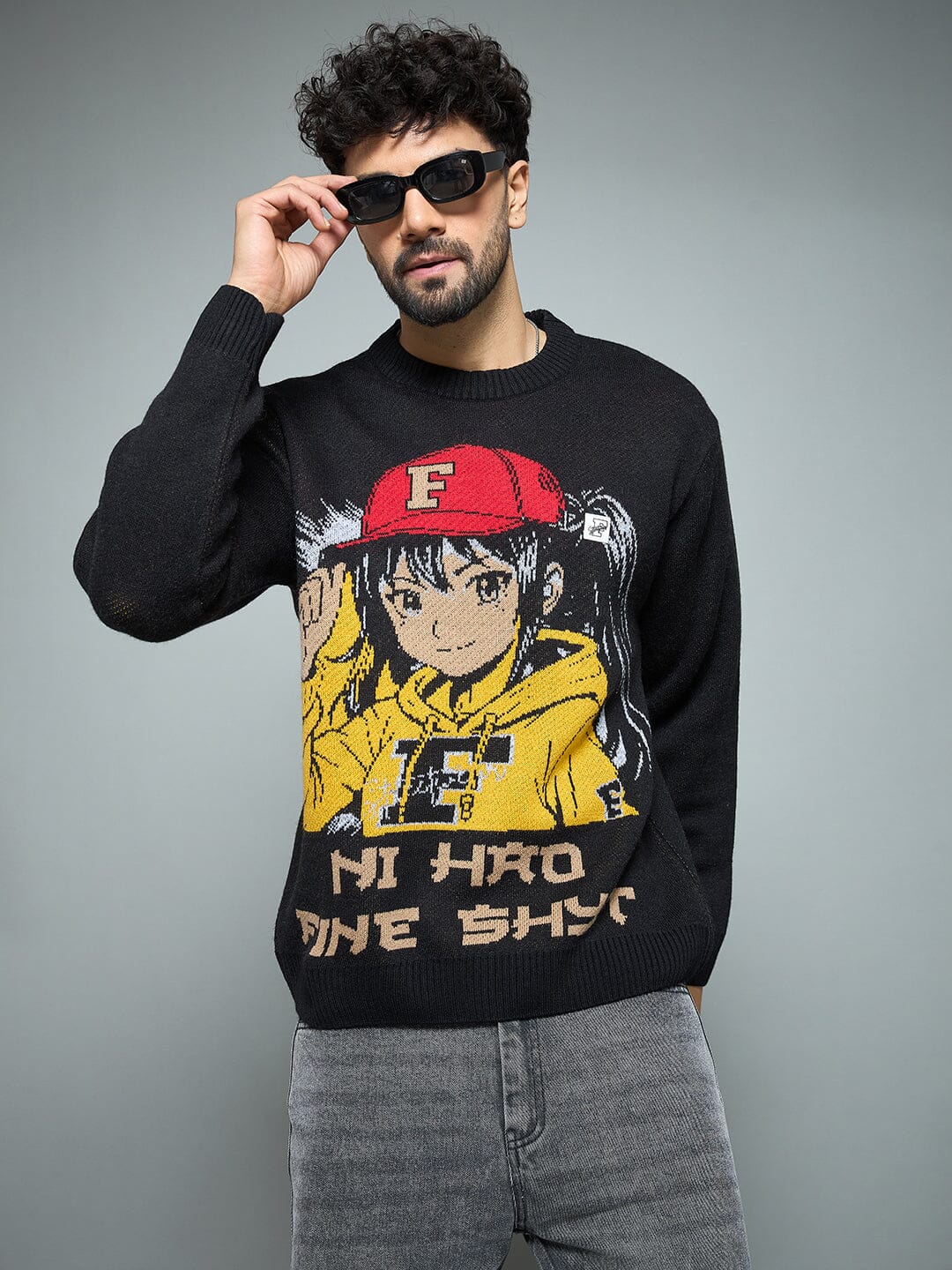 Black Anime Graphic Knitted Sweater