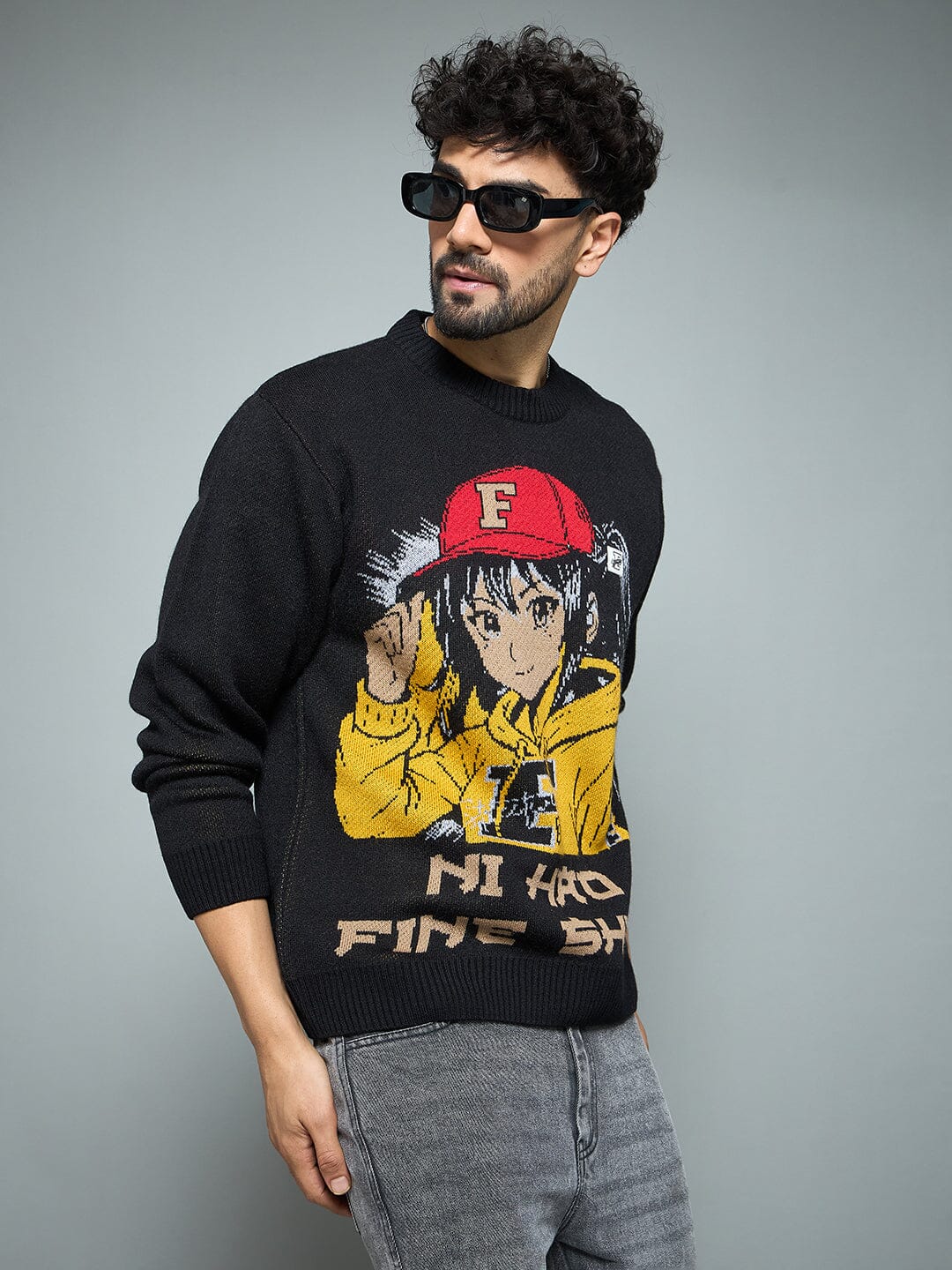 Black Anime Graphic Knitted Sweater