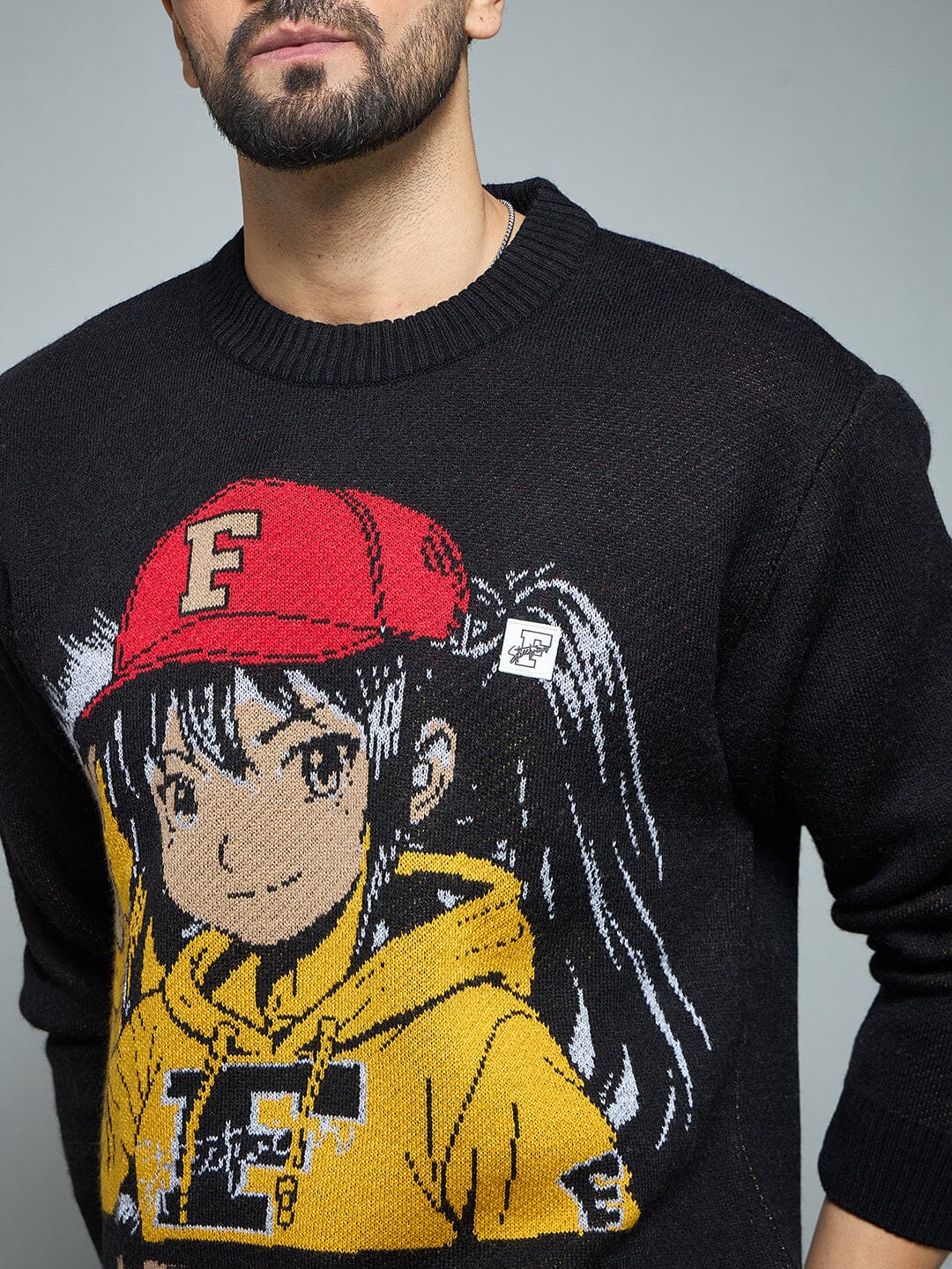 Black Anime Graphic Knitted Sweater