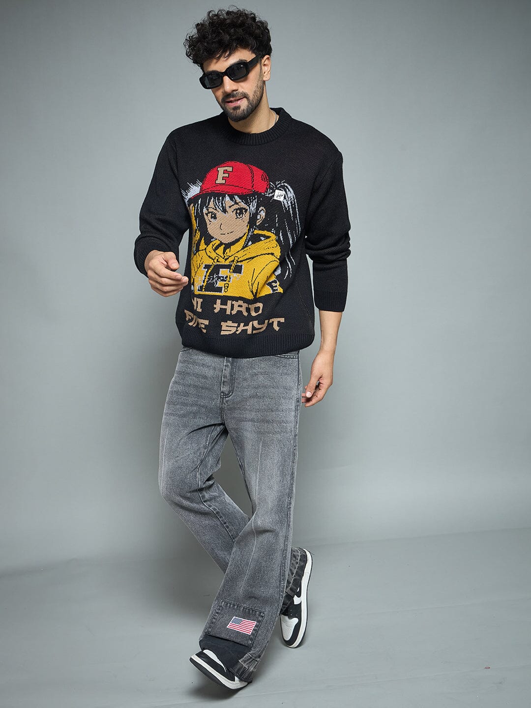 Black Anime Graphic Knitted Sweater