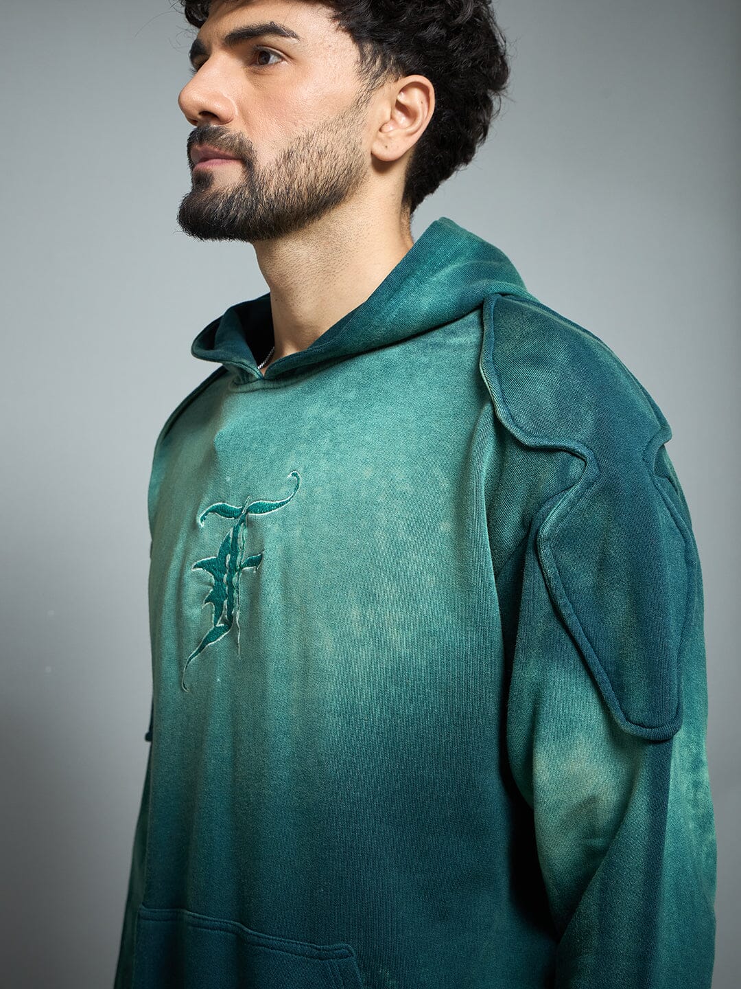 Bottle Green Sun Fade Shoulder Pad Hoodie