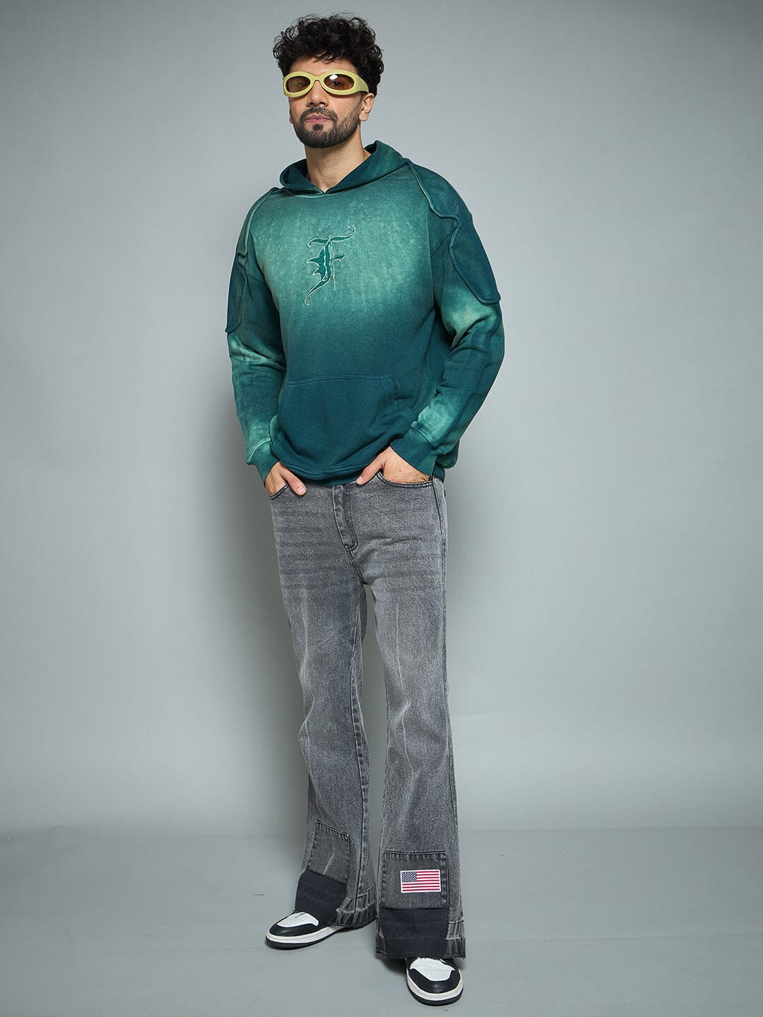 Bottle Green Sun Fade Shoulder Pad Hoodie